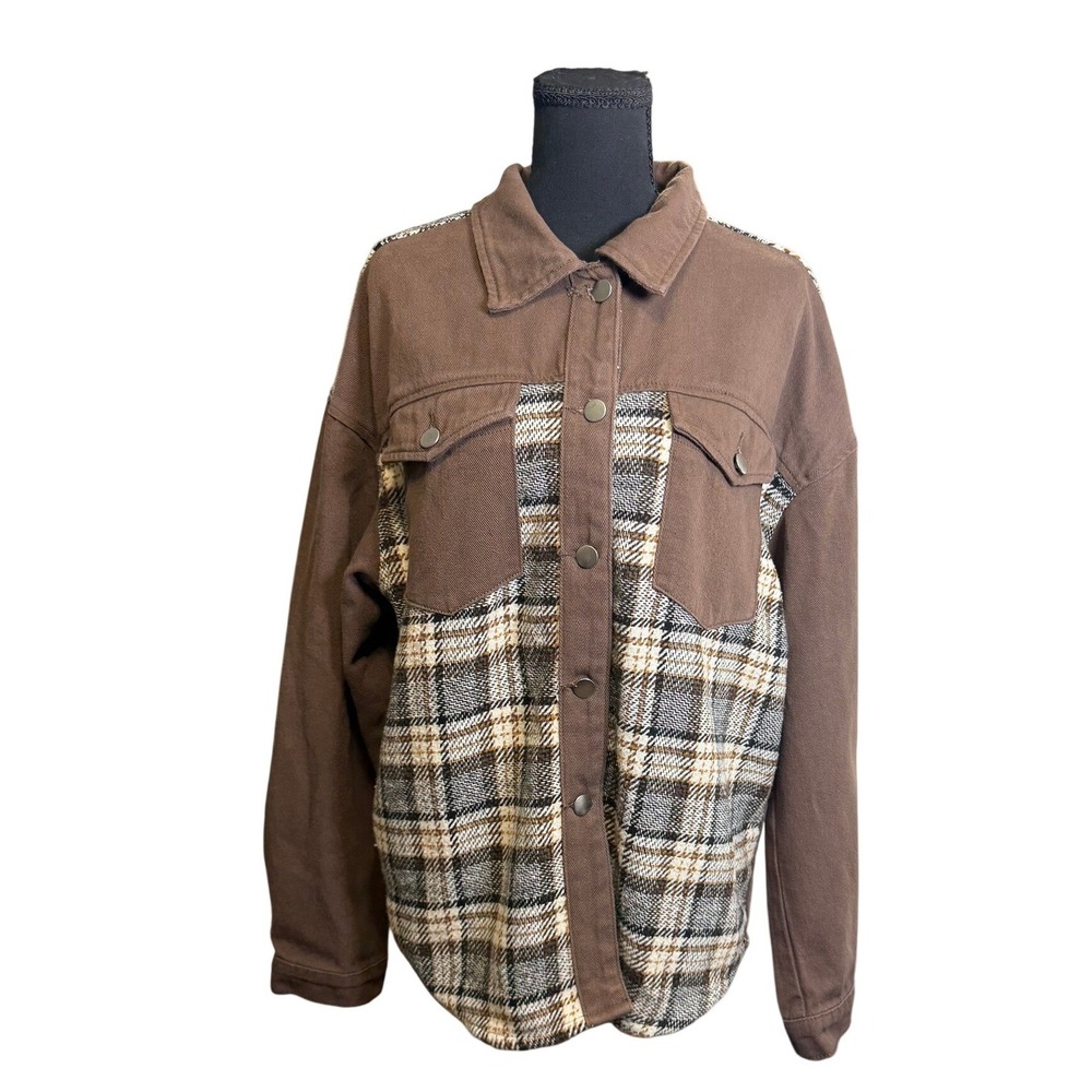 Plaid Mixed Media Shirt Large Brown Cotton Cabincore Western Shacket